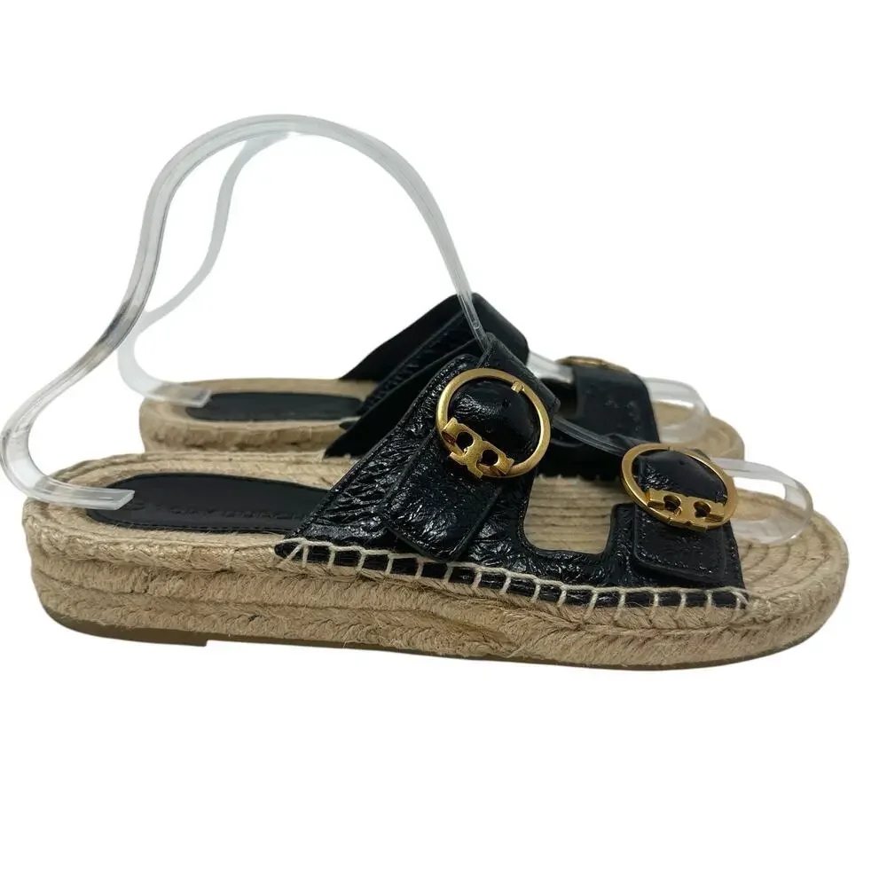 Tory Burch Selby‎ Patent Leather Espadrille Slide Sandals Black Size US 6.5